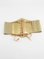 Dettaglio della cintura alta dorata metallizzata con allacciatura frontale e fiocco - Corsetto con Lacci Oro Specchio