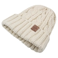 Thick cable knit cream beanie with fleece lining and premium brown leather patch - One Size(Adjustable) / Beige