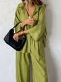 Women casual long sleeve button cardigan and wide-leg pants two-piece set in grass green - S / Green