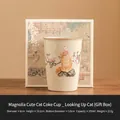 Tazza da tè in ceramica con motivo magnolia e gatto carino con scatola regalo - Scatola regalo / Magnolia Gatto Che Guarda in Alto