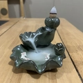 Green ceramic backflow incense burner featuring a lotus leaf design with twin koi fish - Green Double Fish