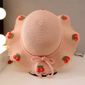 Pink girls straw sun hat with cherry accents and wavy brim for summer beach trips - Cherry Straw Hat / Pink
