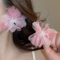 Detailed view of pink mesh flower earrings with pearls and sweet tassel design for women - Pink Pearl (18#)