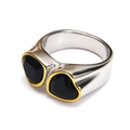 Detail of silver titanium ring with double heart black gemstones in gold plating - Silver/Gold Edged (Black Heart)