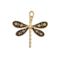 Close-up of golden dragonfly pendant with black enamel wings and floral pattern - Black Dragonfly Pendant