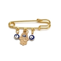 Spilla dorata Evil Eye con perline blu e ciondolo a forma di Mano di Fatima - Spilla con mano di Fatima e occhi del diavolo blu