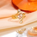Adjustable gold titanium steel ring with rectangular cubic zirconia on silk fabric - Square White Stone Style (JZ26-1)