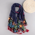 Navy blue cotton linen shawl with colorful floral embroidery and red tassels - Navy Blue