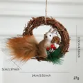 Handmade rattan wreath with plush squirrel, pine cones and red berries on hemp rope - Squirrel Wreath Pendant Type B