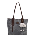 Large gray canvas tote bag with brown leather trim and a cute cloud plush charm - Blue with Pendant