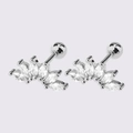 Silver stud earring with marquise-cut zircon in fan-shaped crown design for women - Silver Six-Leaf Crown