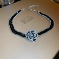 Gothic black camellia flower choker necklace with multi-row beads and crystal accents - Silver-tone Black Necklace