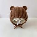 Brown baby knit hat with bear ears, fleece lining and lace trim for autumn winter - Dark Brown Panda - Fleece Lined