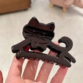 Glossy black cat-shaped hair claw clip made of premium resin for unique hair styling - Coffee Cat Shaped Claw Clip
