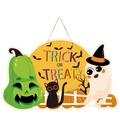 Halloween Trick or Treat round wooden sign featuring green pumpkin and black cat icon - Halloween Door Hanging Ghost Style