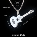 Silver guitar pendant necklace in stainless steel with detailed product dimensions - Guitar No.16 + 70cm Steel Chain
