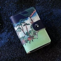 Compact PU leather card wallet featuring Ukiyo-e landscape art with navy blue strap - Hodogaya - 20 Slots