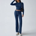 Women's rib-knit long sleeve crop top and drawstring flare pants set in dark blue - XL / Sapphire Blue
