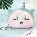 Detail of unicorn plush coin purse with pink gradient fur and silver horn detail - Unicorn Style-Blue