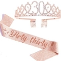 Rose gold Dirty Thirty sash and rhinestone tiara set for 30th birthday parties - Sash Tiara Set / Rose Gold 30 Tiara Dirty Thirty
