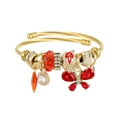 Gold stainless steel open bangle with butterfly charm and red crystal bead tassels - Gold Plated Red Butterfly