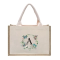 Beige canvas tote bag with letter A floral wreath design and jute handles - Butterfly Floral Letter A