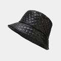 Detailed macro view of black faux leather bucket hat featuring quilted diamond patterns - One Size / Black