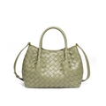 Chic green woven leather handbag with top handle and detachable strap in a minimalist style - Travertine Green
