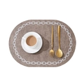 Brown linen texture oval placemat with white chain pattern and golden cutlery - Oval / Coffee