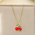 Detail of cherry necklace with red enamel, green leaves and sparkling rhinestones - Rhinestone Inlaid Red Green Cherry Style (KN292056-Z)