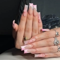 Long square press-on nails featuring pink flowers, white French tips, and glitter accents - Bz1491 Moonlit Breeze / Jelly Glue + Nail File