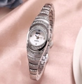 Elegant silver quartz watch for women with sparkling rhinestones and white mother of pearl dial - Silver Bracelet Watch
