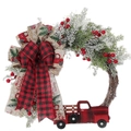 Corona de Navidad rústica con camión rojo vintage, cinta de cuadros y bayas rojas - Estilo de Camión 3D Flocado Rojo Mediano