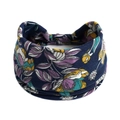 Böhmisches dunkelblaues Blumen Baumwolle Yoga Stirnband mit elastischem Schweißband - Navyfarbene Bunte Blumen (#89)