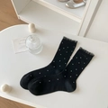 Bamboo fiber black mid-calf socks with white polka dots and delicate lace trim cuff - One Size / Black