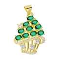 Golden flower basket pendant with green oval emeralds and sparkling white zircons - Green Basket Pendant-45