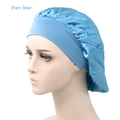 Detail of blue satin hair bonnet with wide elastic band on a model mannequin head - Adjustable / Sky Blue