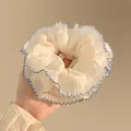 Chiffon scrunchie in cream white with blue pleated edges and layered lace design - Blue Scalloped Edge - Pleated