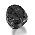 Macro shot of black stainless steel biker ring with embossed cross and honeycomb texture - US 7 / Black