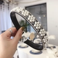 Elegant wide black headband featuring intricate white floral pearls and sparkling rhinestones - 191212 Black (Black Pearl Flower)