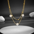 Double-layer gold stainless steel daisy necklace with small white flower pendants - Gold Daisy Double Layer Style (A704)