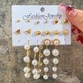 12-delige vintage gouden oorbellen set met parels en kristallen op sieradenkaart - Gouden 12-Paar Set - Parel Geometrisch
