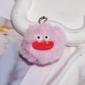 Cute pink fluffy fur keychain with funny sausage mouth and big eyes on a white tray - Bead Chain Style / Pink