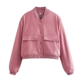 Front view of pink bomber jacket with stand collar, snap buttons, and large utility pockets - XS / Pink