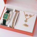 Luxury gold women watch gift set with green dial, bracelet, necklace and ring - Green Strap Gold Square Diamond Set (A11)