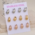 Polished stainless steel waterdrop stud earrings set in silver, gold, and rose gold - 6 Pairs Set / Silver + Gold + Rose Gold