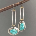 Bohemian asymmetric drop earrings with turquoise stones and vintage silver finish - S658 Turquoise Long Drop