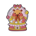 Cute gashapon machine enamel pin featuring capybara with pink bow and colorful eggs - Gashapon Machine Capybara