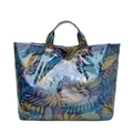Minimalist tote bag with tropical leaf print and waterproof finish for casual use - Blue Leaves