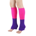 Detail of rose pink and purple knit leg warmers showing ribbed texture and two-tone design - Fuchsia and Purple